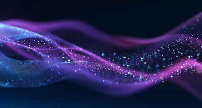 Abstract background. Digital technology and big data elements in the form of lines, dots, and waves on a dark blue gradient.