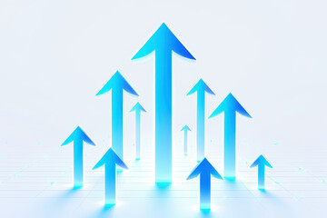 A group of blue arrows pointing upwards on a white surface with a bright and clean aesthetic look