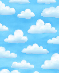 Soft Cartoon Sky with Fluffy White Clouds and Pastel Blue in Watercolor Illustration Style
