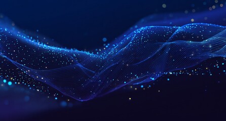 Abstract background. Digital technology and big data elements in the form of lines, dots, and waves on a dark blue gradient.
