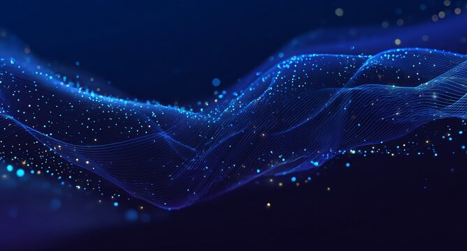 Abstract background. Digital technology and big data elements in the form of lines, dots, and waves on a dark blue gradient.