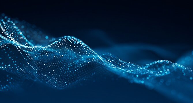 Abstract background. Digital technology and big data elements in the form of lines, dots, and waves on a dark blue gradient.