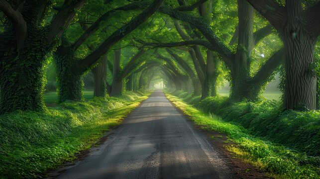 Road leads into misty distance, trees arching overhead creating a lush, green tunnel - Powered by Adobe