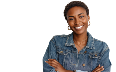 Woman smiles confidently, arms crossed, in denim jacket. Portrait conveys positivity, diversity, empowerment, and casual style. For marketing, web design, editorial.