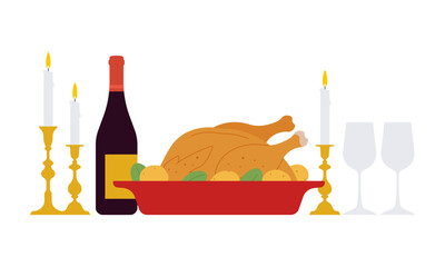 Festive dinner scene with roasted turkey in red dish, wine bottle, candles and glasses. Holiday table setup for celebration. Simple illustration, stock flat vector, isolated.