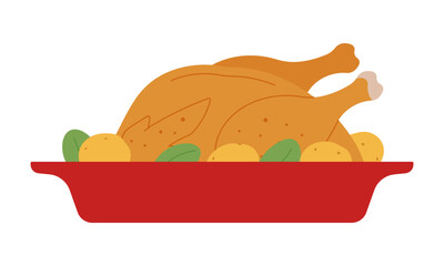 Roasted turkey in red baking dish with potatoes and green herbs, isolated on white background. Festive baked poultry for dinner. Simple illustration, stock flat vector, isolated.