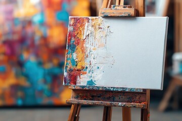 Abstract oil painting on canvas with wooden easel and color palette in art studio. Creative process of visual art creation with mixed colors and artistic tools.