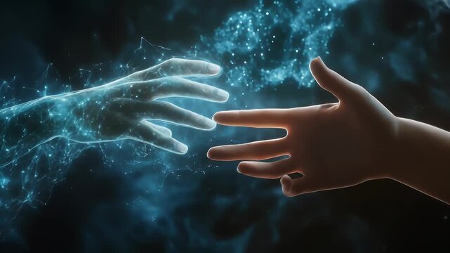 Digital hands reaching toward each other with glowing data stream