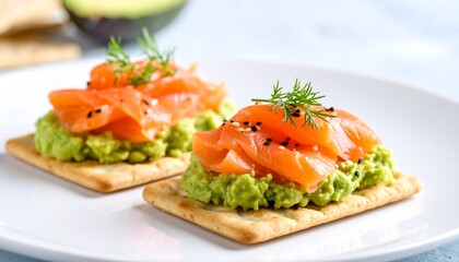 Appetizer of smoked salmon and guacamole on crackers
