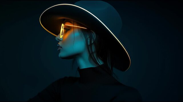 Portrait of female fashion model wearing futuristic hat and glasses glowing neon on dark studio dark blue background