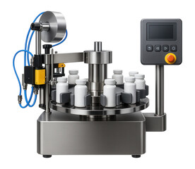 Automatic bottle labeling machine with a rotary carousel for a pharmaceutical production line