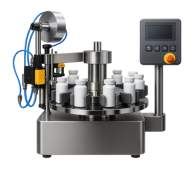 Automatic bottle labeling machine with a rotary carousel for a pharmaceutical production line