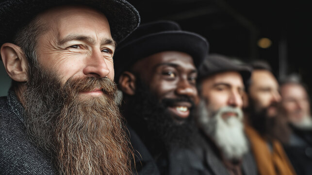 Multicultural bearded men. Group of smiling men with beards wearing hats in urban setting  