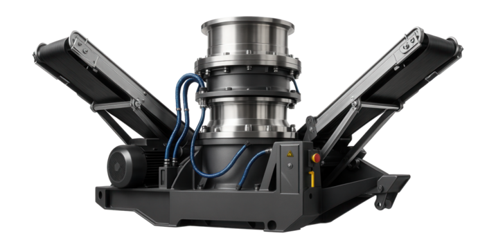 Portable cone crusher with foldable conveyors for easy transport between construction sites.