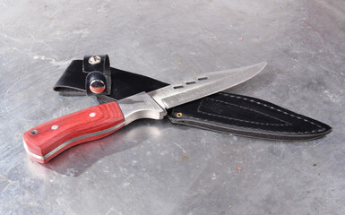 Knife made of Japanese stainless steel, leather sheath, on an isolated background.