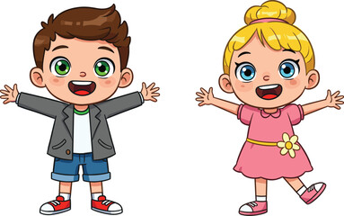 Happy cartoon boy and girl smiling with arms open, perfect for children illustrations, educational materials, and kids-themed graphic designs.
