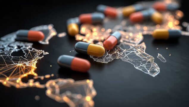 Pills on world map with digital network connections, international healthcare and pharmaceutical business concept