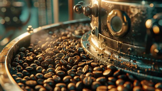 Coffee beans being processed through a commercial grinding machine. The grinder is designed to handle large quantities and produce freshly ground coffee.