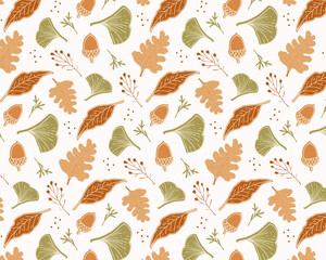 Seamless fall vector pattern. Hand-drawn acorns, oak, ginkgo, and red leaves in warm earthy colors. Flat textured style. Ideal for wrapping, fabric, packaging, autumn crafts, home decor.