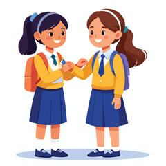 Two young girls in school uniforms are holding hands and smiling at each other.