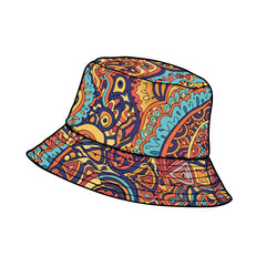 Colorful patterned bucket hat with intricate design details  