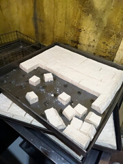 Freshly made tofu, some cut into cubes, rests on large trays in a production setting with a rustic,...
