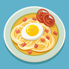 A bowl of savory spaghetti noodle soup with a fried egg and ham. Overhead view of a plate of tasty food. Cartoon illustration of a student's favorite lunch.