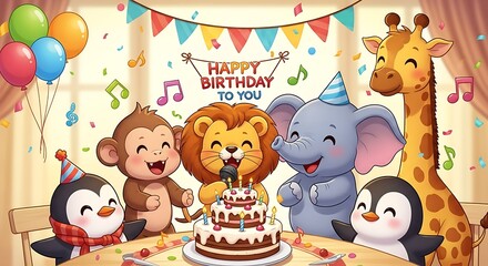 Obraz premium Joyful Birthday Celebration with Cute Cartoon Animals and Festive Decorations