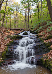 Obraz premium A picturesque waterfall cascading down rocks in a dense green forest in autumn