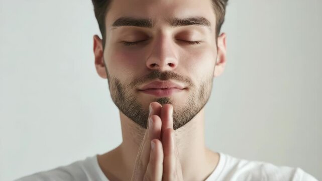 Facial expression of peace and relaxation, hands gently touching together in prayer or meditation.