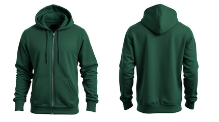Dark green hoodie with zipper in front and back view, mockup isolated on transparent background