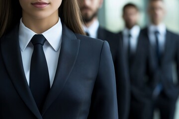 Fototapeta premium Confident female leader in business suit standing in front of professional team in corporate setting