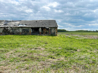 Derelict structure with a crumbling facade and shattered windows, enveloped by lush greenery,...