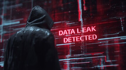 A hooded figure stands before a glowing screen displaying a warning: 'DATA LEAK DETECTED,' evoking a sense of urgency and mystery.