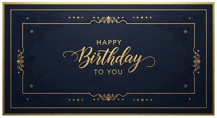 Elegant Golden Happy Birthday Greeting Card with Ornate Border and Dark Blue Background