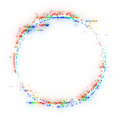 Glitch circle frame with neon light. Circle border and digital pixel noise effects