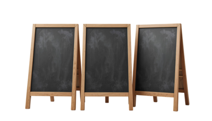 Three Wooden A-Frame Chalkboards with Textured Dark Gray Surfaces – Transparent Background