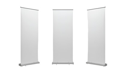 Photo of Three Tall White Retractable Banners with Silver Poles and Black Bases – Transparent Background