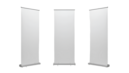 Photo of Three Tall White Retractable Banners with Silver Poles and Black Bases – Transparent Background