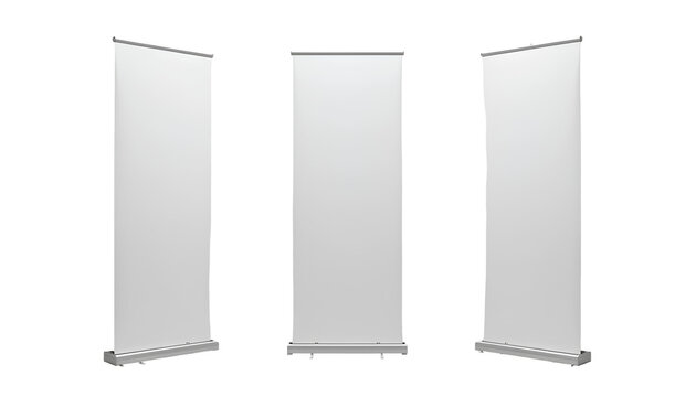 Photo of Three Tall White Retractable Banners with Silver Poles and Black Bases – Transparent Background