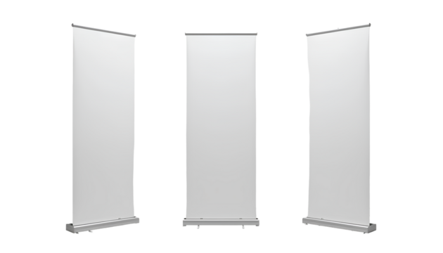 Photo of Three Tall White Retractable Banners with Silver Poles and Black Bases – Transparent Background