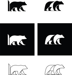 Bear icon set vector on black in outline, flat, silhouette, and button style, perfect for outdoor and forest branding.
