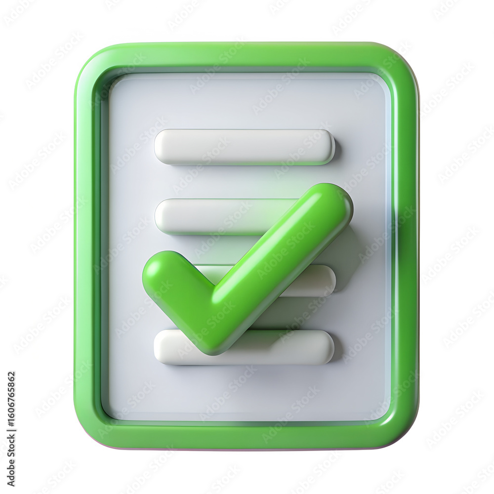 Poster a 3d render of a checklist with a green checkmark on a document, isolated on transparent background