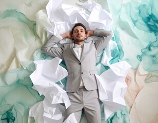 Conceptual fine-art portrait of a person lying on the floor in a casual suit, surrounded by creased paper, shot from above in natural softbox light, artistic zen minimalism