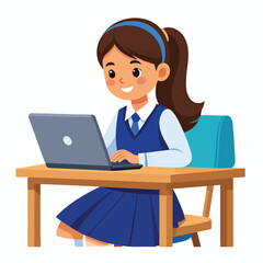 Smiling schoolgirl diligently works on her laptop at a desk.