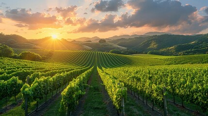 Fototapeta premium Vineyard rows stretch to hills under a sunset, sunbursting through clouds