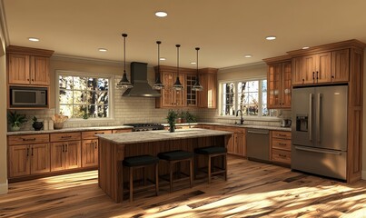 Modern kitchen design, 3D rendered to emphasize functionality and style, Generative AI