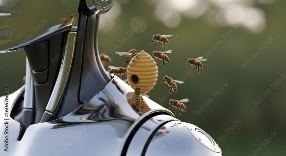 Poster Futuristic robot interacting with swarm of bees in natural setting
