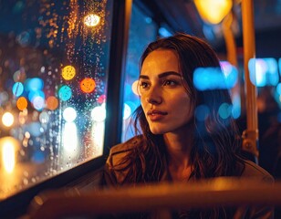 Portrait of a woman sitting behind a rain-splattered bus window at night, face softly illuminated by streetlights, external reflections showing passing neon signage, with cinematic color grading.