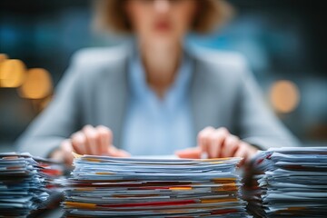Business woman working with her hands in stacks of paper files to search and check unfinished documents lying in folders. close-up on hands. shallow depth of field